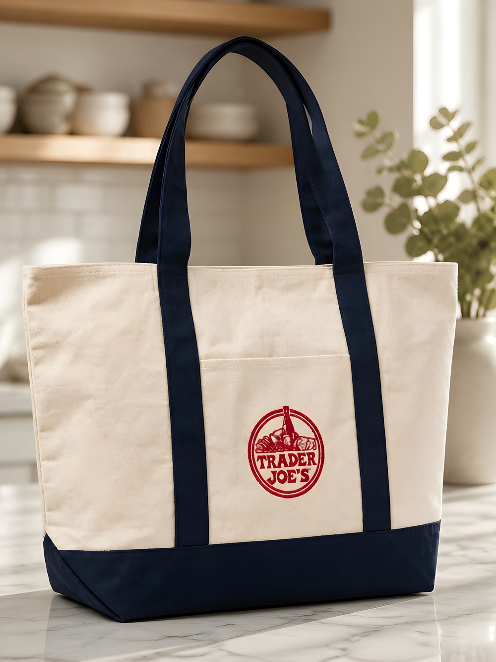 Trader Joe’s Canvas Limited Release Tote Shopping Bag Large Navy Blue New